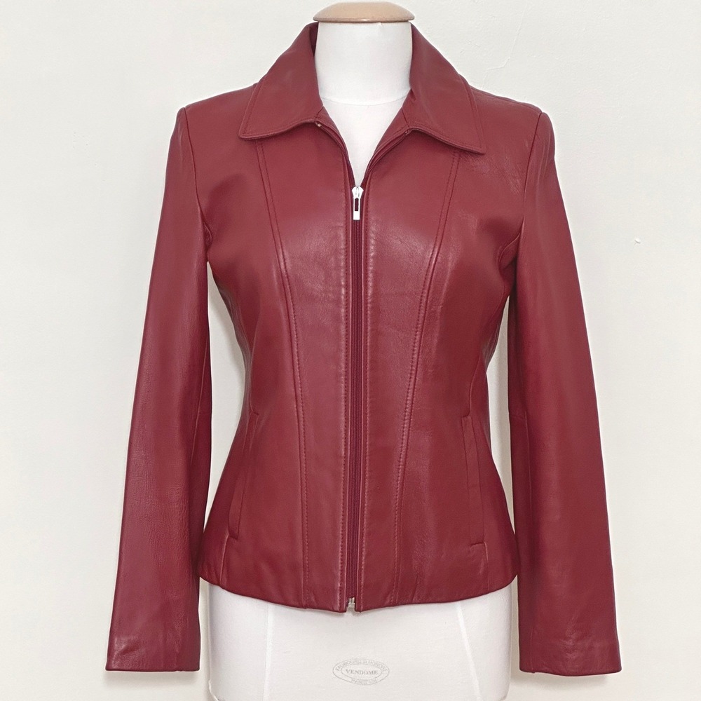 Kenneth Cole Reaction Womens Jacket S Cranberry Red Leather Full Zip Moto Edgy